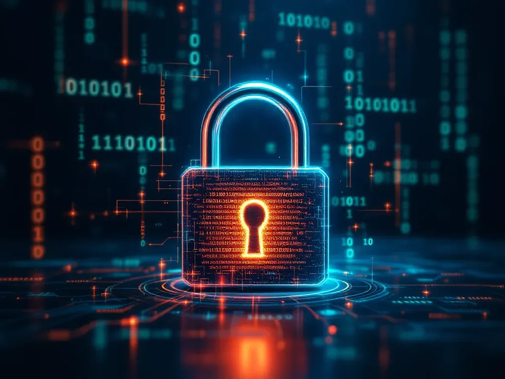 Leuchtendes digitales Schloss vor einem Hintergrund aus Binärzahlen