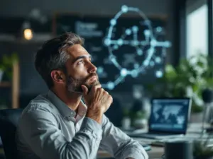 Geschäftsmann vor einer Netzwerkdarstellung bei der Zero-Trust-Planung