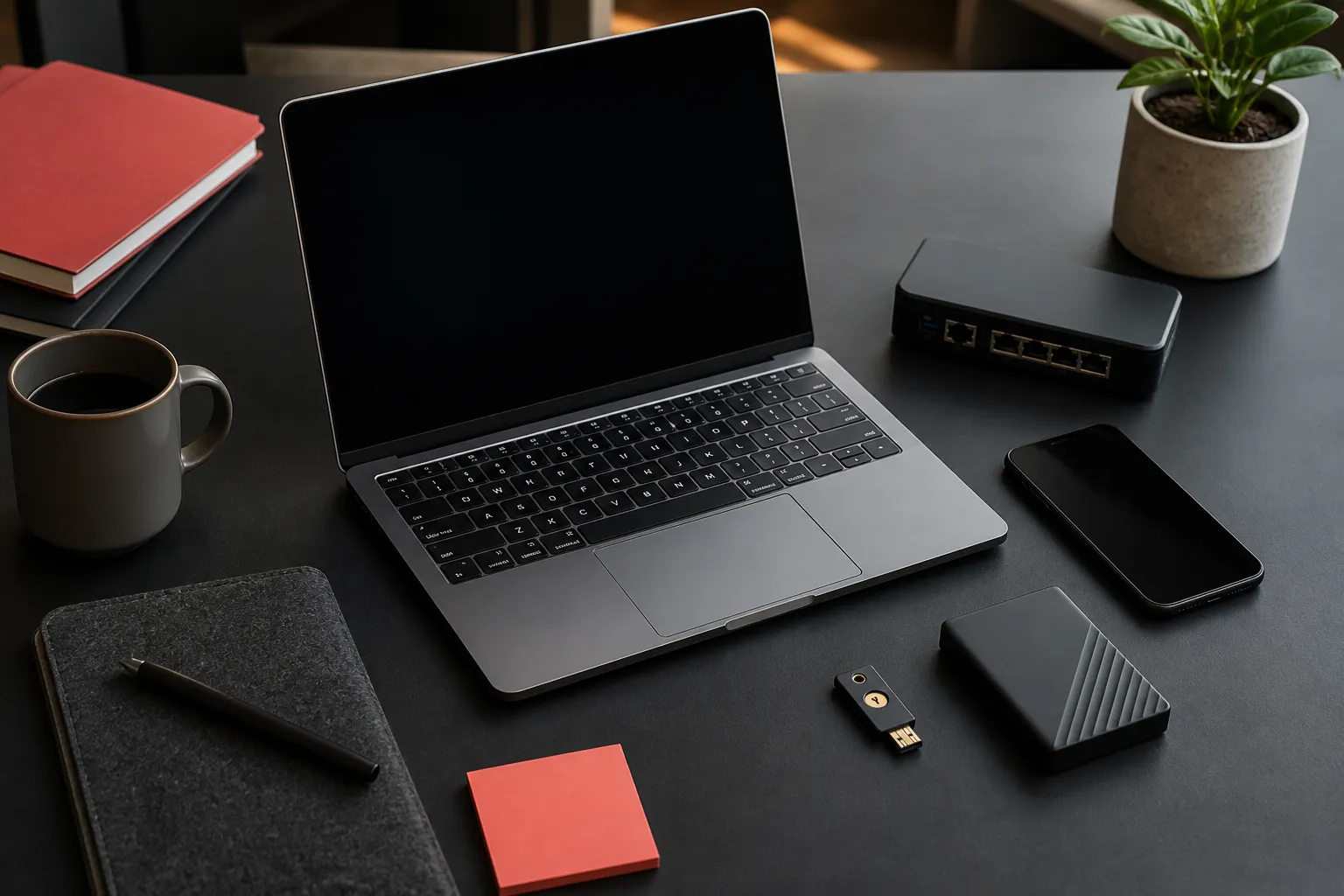 Grundausstattung aus Laptop, Netzwerkgerät, Smartphone, Backup und Sicherheitsschlüssel