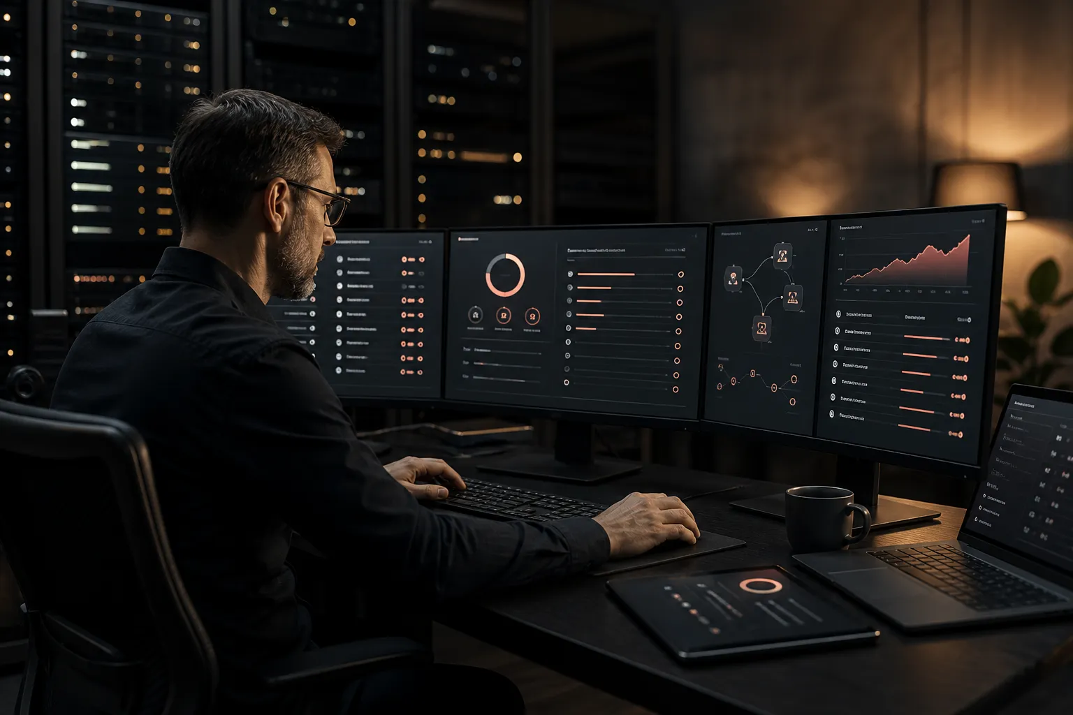 Security-Spezialist überwacht Updates und Systemzustände in einer IT-Umgebung