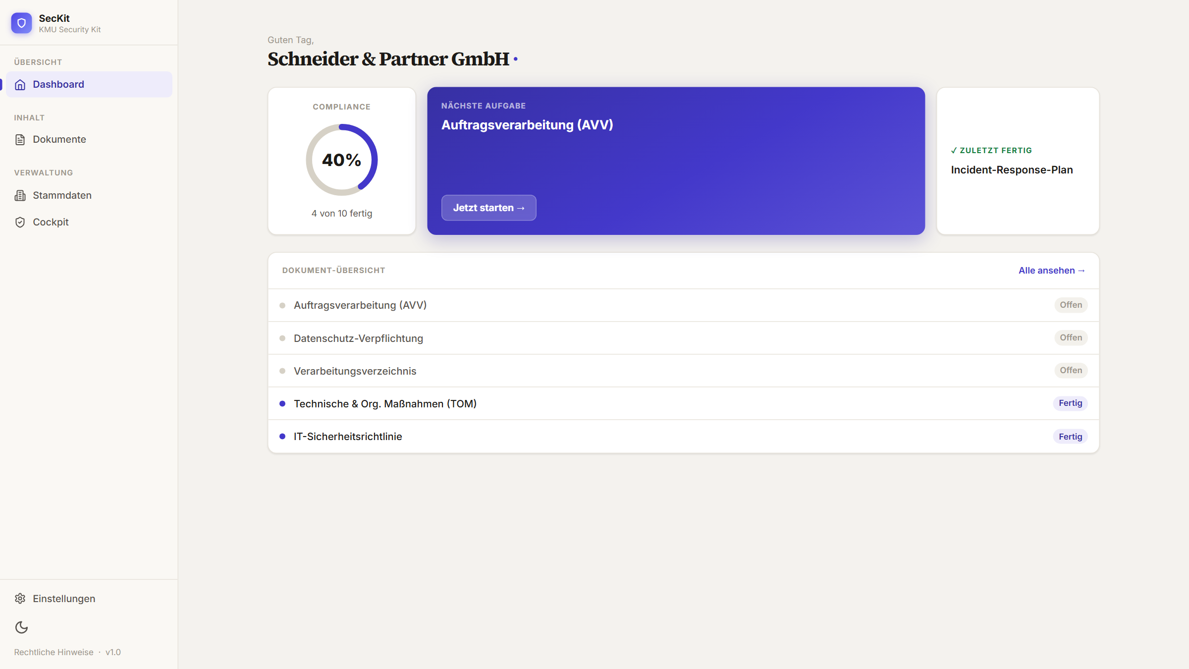 SecKit Dashboard: Compliance-Fortschritt und Dokumentübersicht